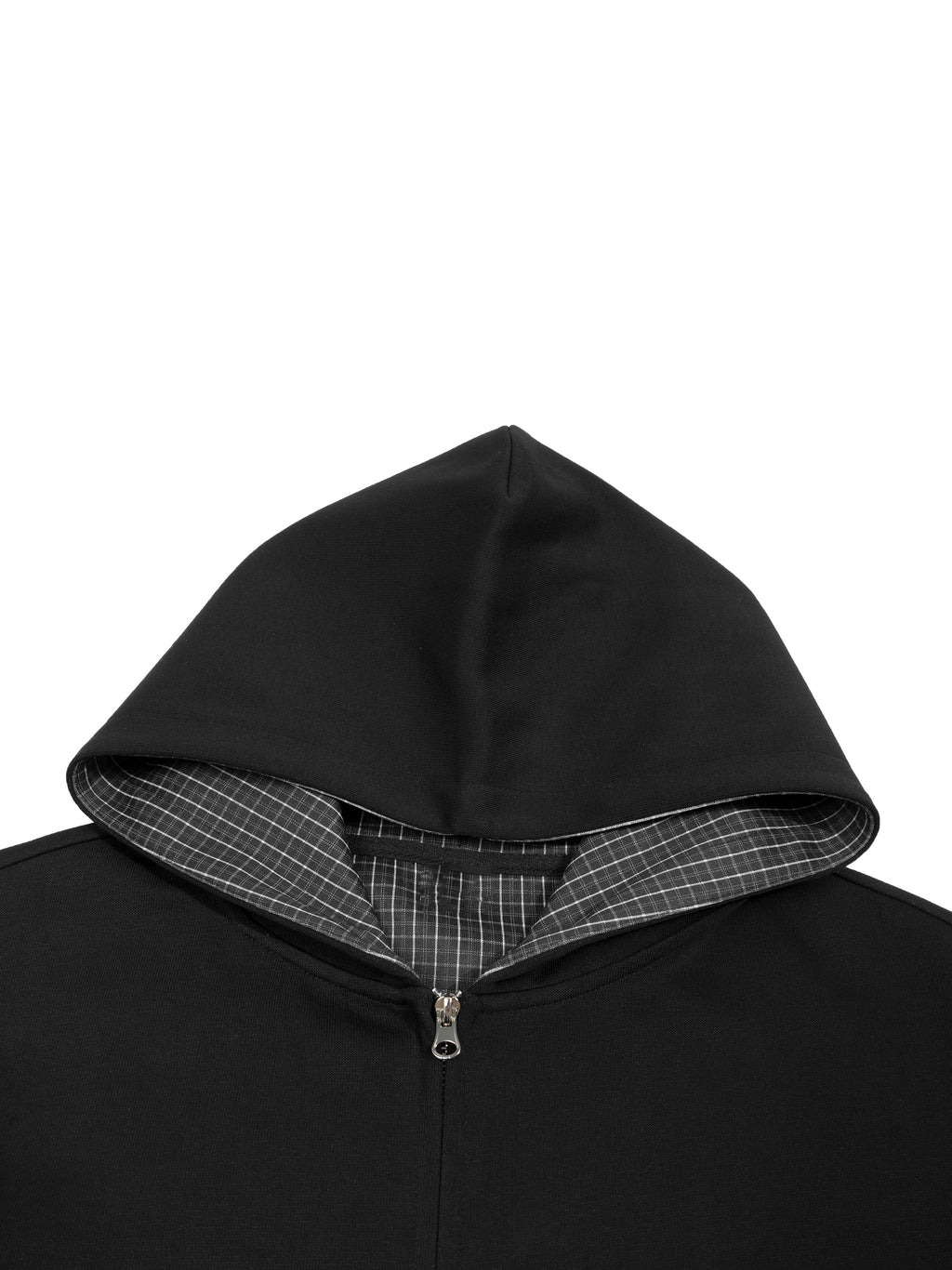 WEARDOZ 26’ Contrast Plaid Boxy Zip Hoodie ( Black )